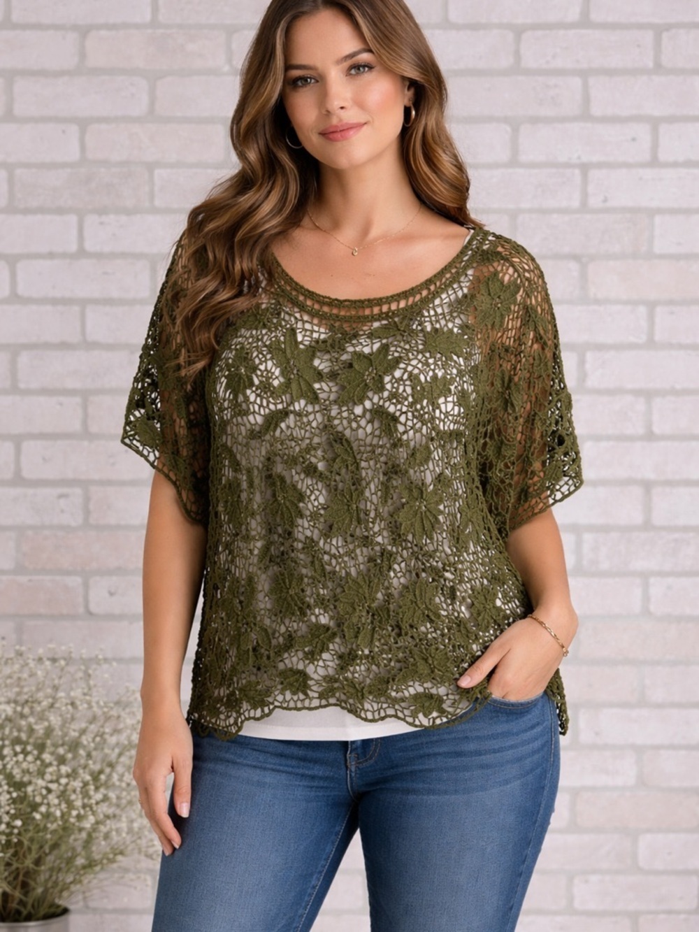 Lane Bryant Olive Crochet Floral Short Sleeve Overlay Top Size 14/16